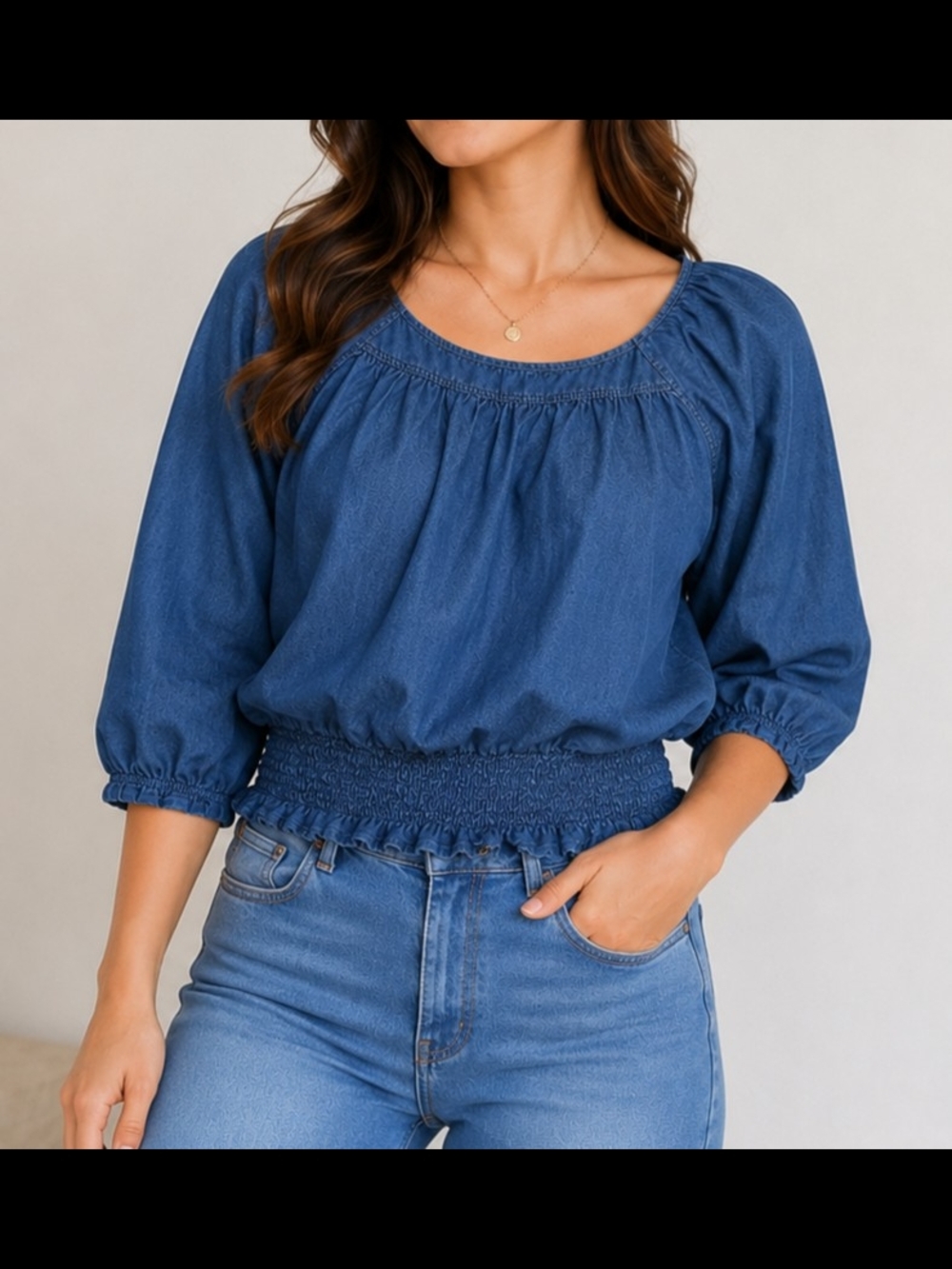 Denim Blue Smocked-Waist Peasant Blouse - Women